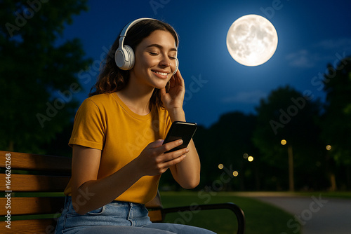 Young woman enjoying music on a park bench under the bright Sturgeon Moon, holding a smartphone on a summer night with a vibrant and relaxing atmosphere