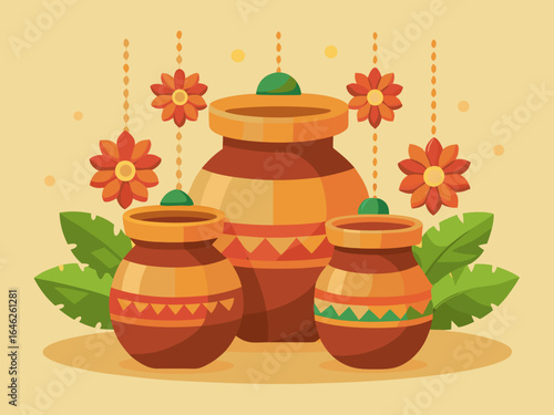 Stacked Clay Pots with Flower Garlands and Flute