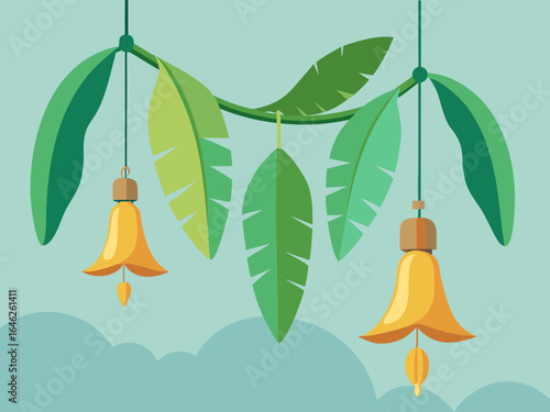 Hanging Banana Leaves and Bells on Pastel Background