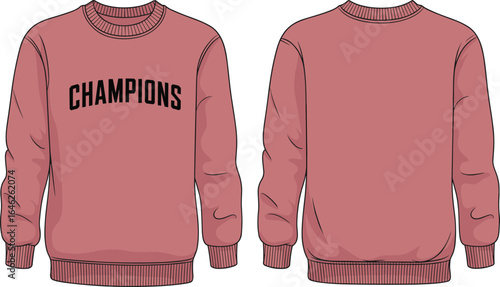 Champions crewneck sweatshirt front and back view, cad drawing flat vector illustration, casual fashion design, streetwear template, apparel sketch