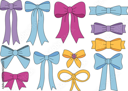 Colorful bow collection vector, decorative ribbon bows, flat style gift bow set, festive design elements, fashion accessory, celebration decoration