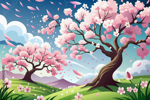 vector of Blossoming trees like cherry and almond, whose branches are full of pink and white flowers, and the gentle breeze drops the petals on the ground like soft rain.