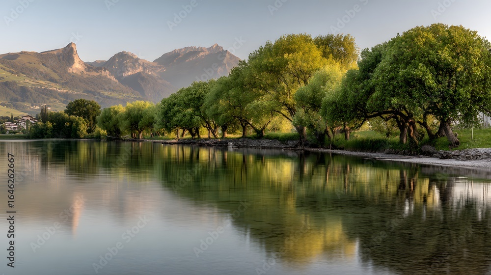 Fototapeta premium Serene lake reflecting mountains and trees.