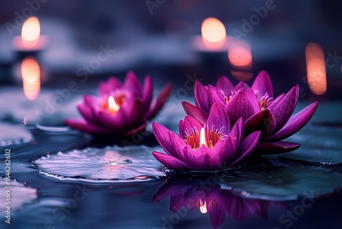 Lotus Flowers and Candles Illuminate a Tranquil Pond at Dusk.