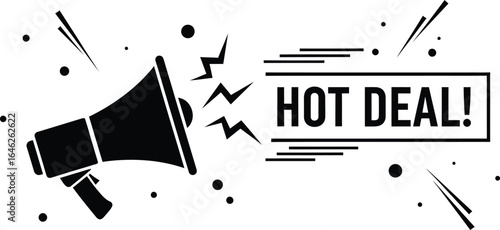 Vector art of hot deal announcement with megaphone isolated on white background