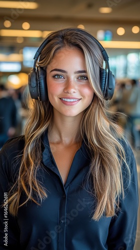 Smiling Young Woman Wearing Headphones in a Busy Indoor Location During Dayli...