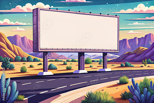 Empty white roadside billboard in vast desert landscape with highway leading toward distant mountains, offering prime advertising space in a scenic and open environment.