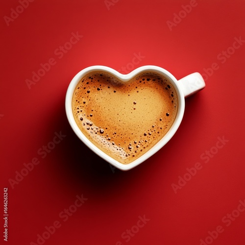 Heart-shaped Latte Art in a White Cup on a Vibrant Red Background for a Cozy ...