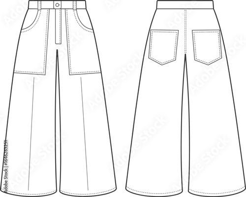 Wide leg pants vector illustration, high waist design, patch pockets, button closure, casual style, CAD drawing, fashion design, garment sketch