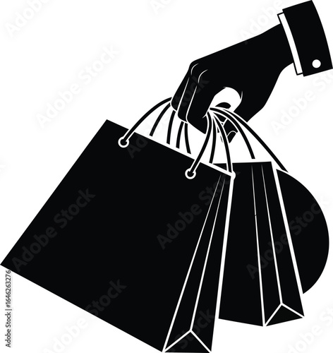 Black silhouette of a hand holding shopping bags, retail consumerism concept, minimalist fashion store paper bags eps vector illustration