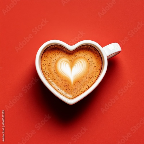 Heart-shaped Latte Art in a White Cup on a Vibrant Red Background for a Cozy ...