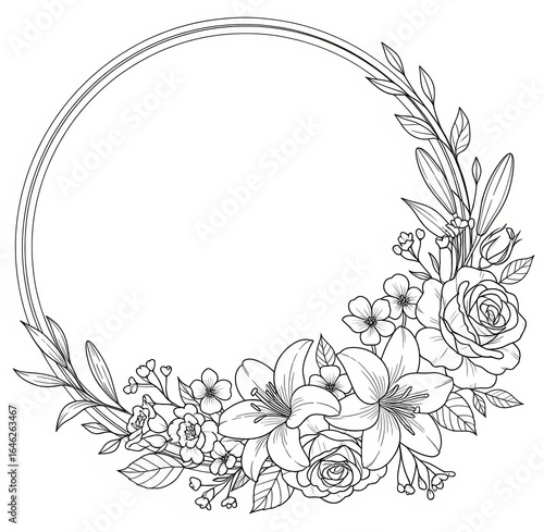 Minimalist Circle Floral Border in Black and White Line Art