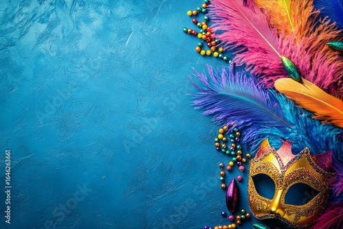 Vibrant Carnival Masks With Colorful Feathers and Beads Create Festive Decor.