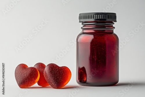 Heart-shaped Gummies Beside a Dark Glass Jar on a Light Background