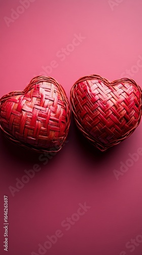 Decorative Heart Shapes Made of Woven Twine on a Red Background for Valentine...