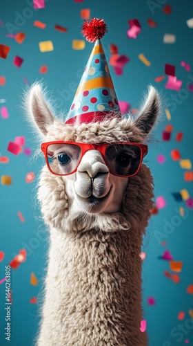 Llama Wearing a Party Hat and Sunglasses Surrounded by Colorful Confetti for ...