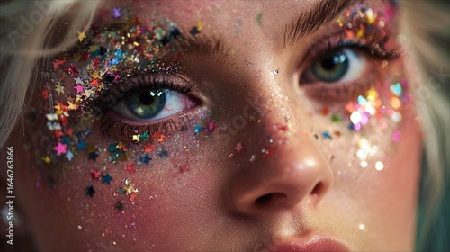 Sparkling festival makeup with colorful star-shaped glitter creating an artistic, ethereal look across delicate skin and expressive eyes