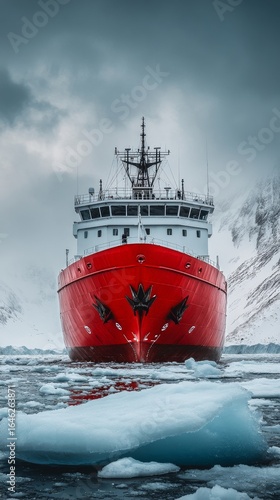 Icebreaker Ship Navigates Through Icy Waters in a Remote Landscape, Showcasin...