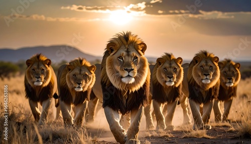 Majestic lions in a savanna sunset