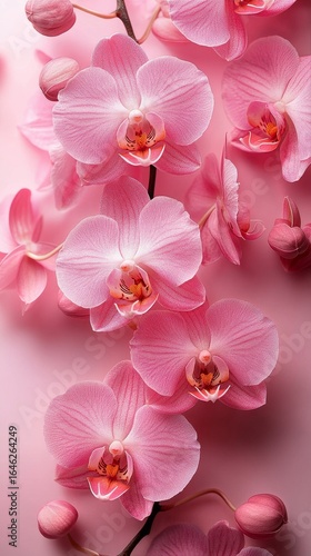 Vibrant Pink Orchids Bloom Elegantly on Soft Pink Background During Spring Se...