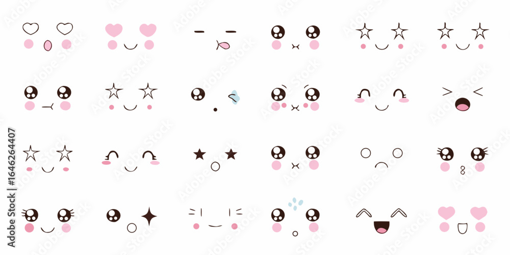 Naklejka premium Collection of cute kawaii faces with various expressions