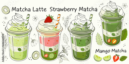 Delicious matcha drinks with fruit and whipped cream