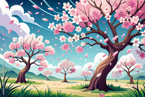 vector of Blossoming trees like cherry and almond, whose branches are full of pink and white flowers, and the gentle breeze drops the petals on the ground like soft rain.