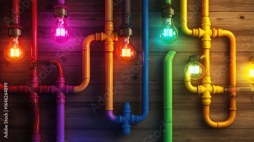 Colorful industrial pipes with vintage edison bulbs on wooden wall