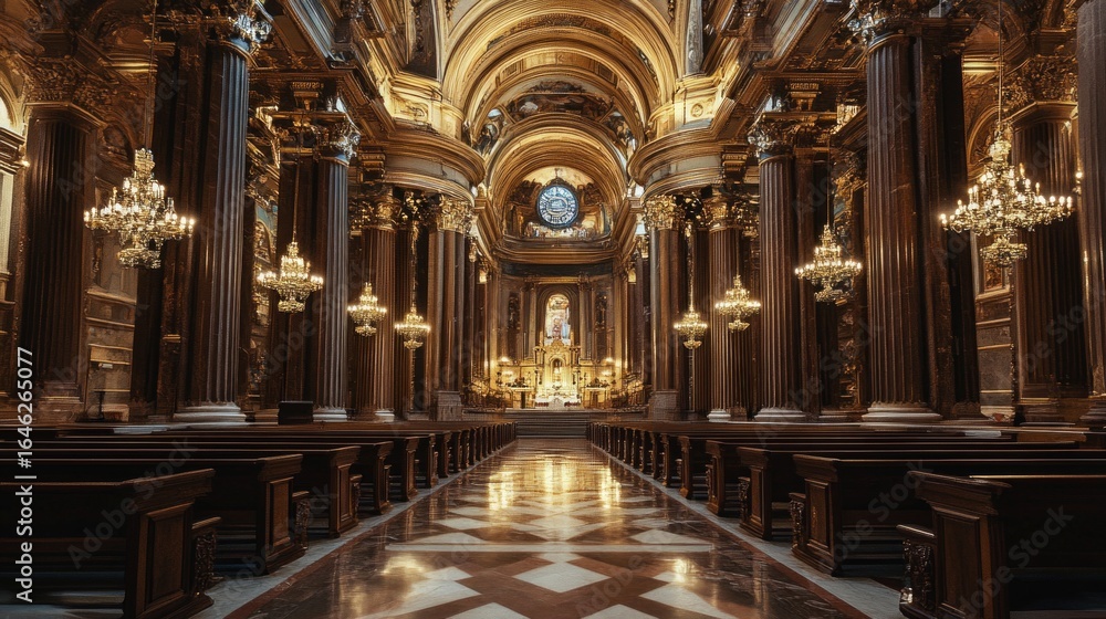 Fototapeta premium Grand Cathedral Aisle View with Columns and High Ceilings