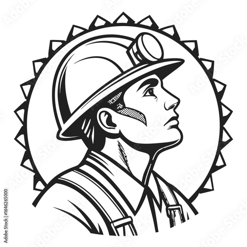 Vector art of miner with helmet looking up isolated on white background illustration