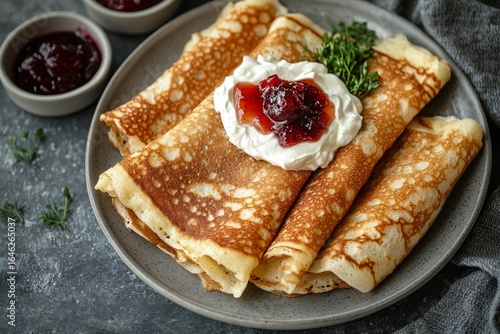 Delicious Pancakes Topped With Cream and Berry Jam on a Rustic Plate During a...