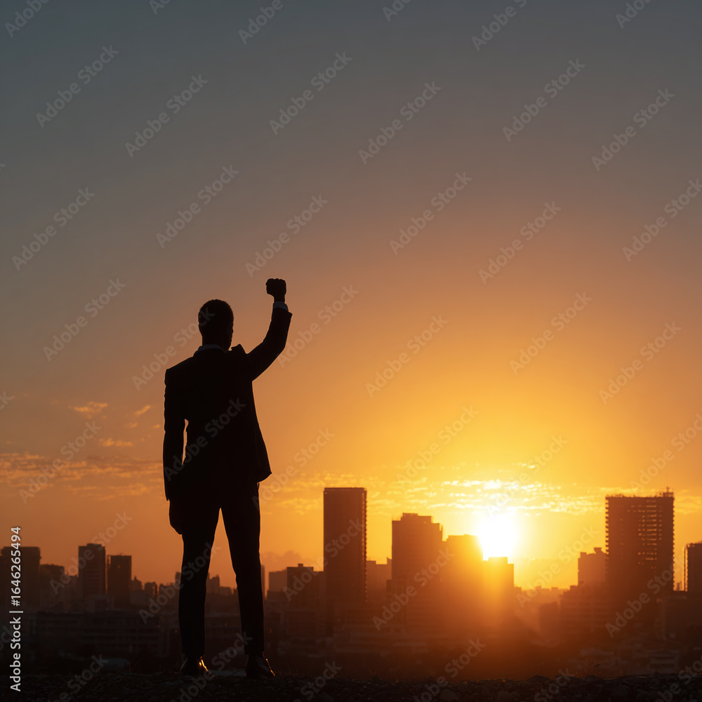 Fototapeta premium silhouette of a man raised her arm in a successful pose