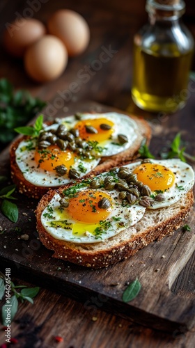Delicious Sunny Side up Eggs on Toasted Bread With Green Herbs and Olive Oil