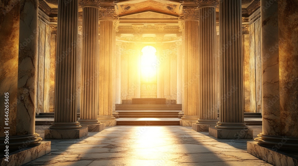 Naklejka premium Majestic Nave with Marble Columns Illuminated by Glowing Light