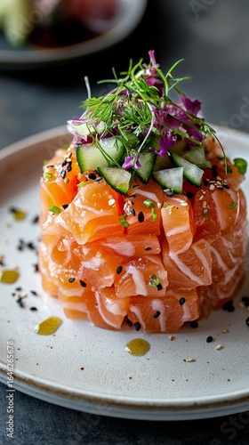 Fresh Salmon Tartare With Herbs and Sesame Served on a White Plate.