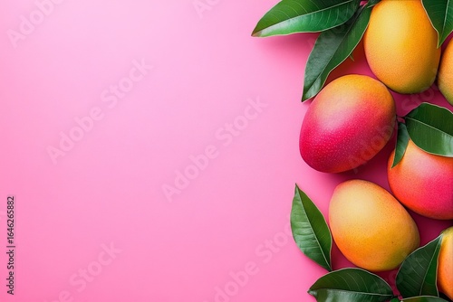 Freshly Harvested Mangoes Surrounded by Green Leaves on a Pink Background.