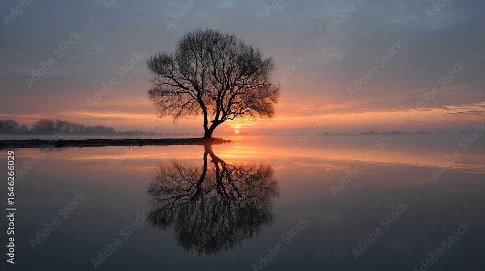 Fototapeta premium Solitary bare tree reflects perfectly in calm water at sunrise, creating a serene winter landscape scene