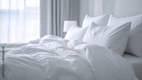 Close-up shot of a neatly made bed with fluffy white pillows and bedding, bathed in natural light