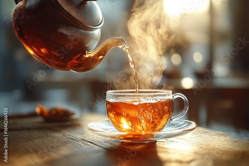 Freshly Brewed Tea Being Poured Into a Clear Cup on a Cozy Wooden Table in a ...