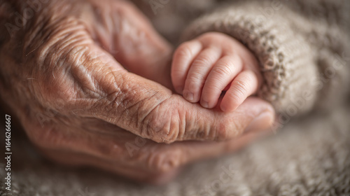 hands of the elderly woman hold hand of a baby