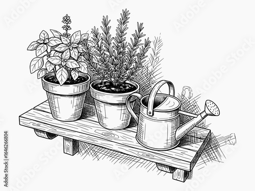 Line art illustration of potted herbs and watering can on wooden shelf. Pen and ink style, isolated design element for gardening books and magazines.