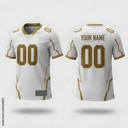 Clean White American Football Jersey Mockup with Gold Details for Team Apparel