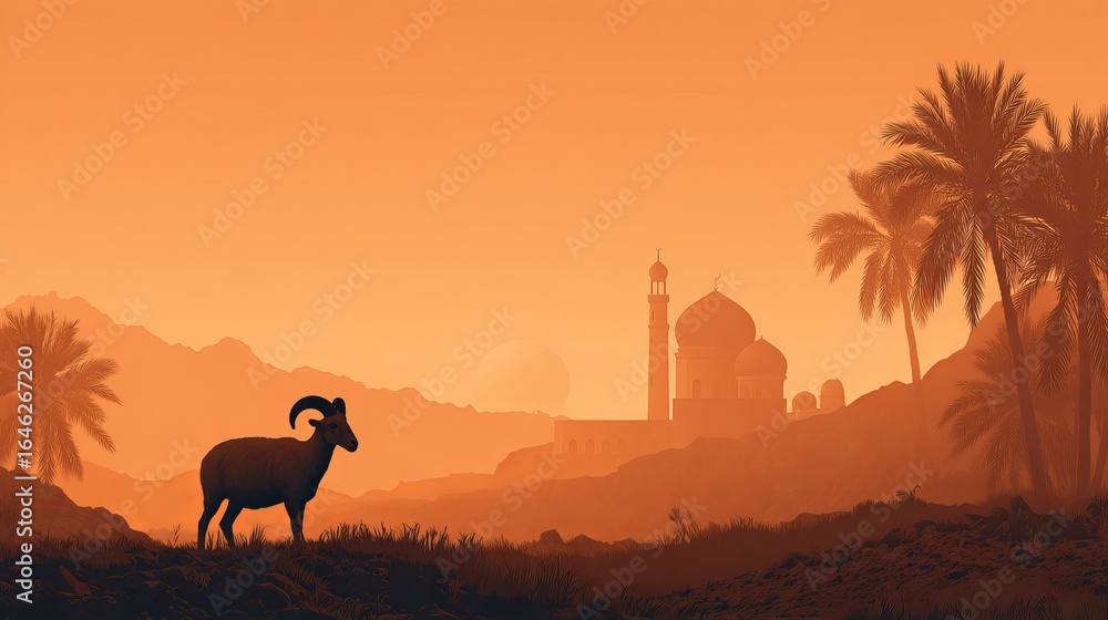 Fototapeta premium Serene desert landscape at sunset with a majestic ram, mosque, and palm trees creating a spiritual atmosphere
