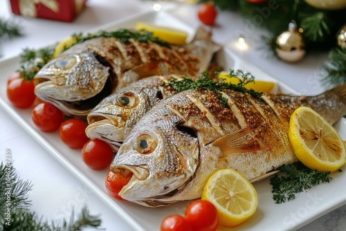 Grilled Fish With Lemons and Tomatoes Served on a White Platter for a Festive...