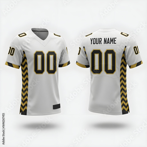 White, Black, and Gold American Football Jersey Mockup with Chevron Pattern