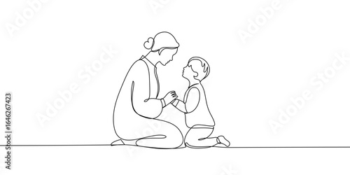 Continuous line banner, prayer. Woman and child praying together on their knees. Christian concept. Vector illustration drawing