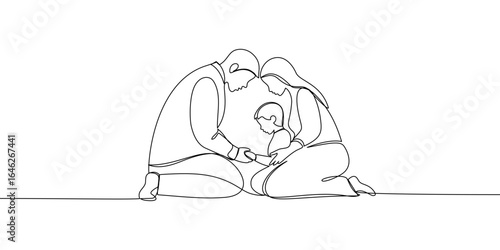 Continuous line banner, prayer. Family, man, woman and child praying together on their knees. Christian concept. Vector illustration drawing
