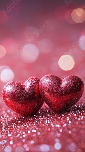 Decorative Red Hearts on Sparkling Background Create a Romantic Atmosphere fo...