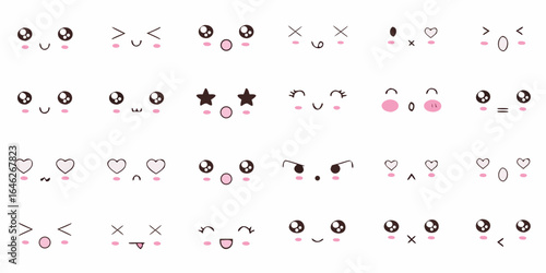 Collection of cute kawaii faces with various expressions