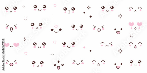 Collection of cute kawaii faces with pink accents